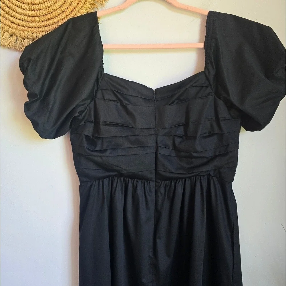 Elie Tahari Black Topaz Puff Sleeve Pleated Poplin Midi Dress SZ 10 Minimalist